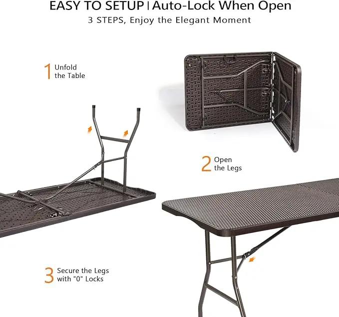 VINGLI 6 Foot Plastic Folding Table Portable Long Table for Indoor Outdoor Use Rectangular with Carrying Handle,Rattan Patterned HDPE Tabletop, Brown by GreenHaven Gardens