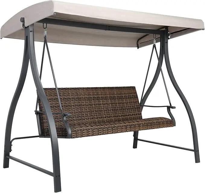 BPS 3 Seat Outdoor Porch Swing with Adjustable Canopy, PE Wicker Patio Swing Chair with Quick-Drying Foam Seat, 882 LBS Capacity, Proch Swings for Deck, Backyard, and Lawn, Khaki by GreenHaven Gardens