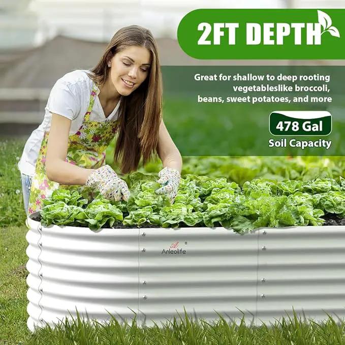 A ANLEOLIFE 8x4x2ft Galvanized Raised Garden Bed Kit, Oval Metal Deep Root Planters for Outdoor Plants Vegetables Flowers Herb, Large Bottomless, 478 Gallon Capacity- Antique White by GreenHaven Gardens