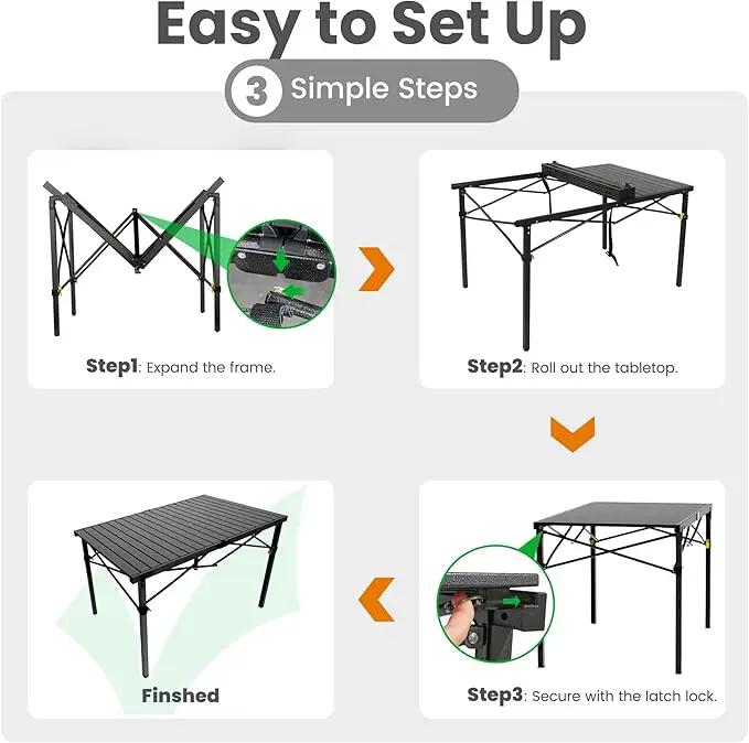 Portable Outdoor Camping Table Large for 2-6 Person - Foldable Camp Table with Aluminum Roll-Up Top & Carry Bag for BBQ, Tailgating, Backyard, 220 Lbs Capacity, Stable & Sturdy (Black) by GreenHaven Gardens