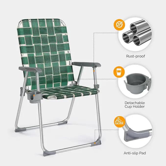 VINGLI Folding Aluminum Webbed Lawn Chairs with Detachable Cup Holder, High Beach Chair for Adults Heavy Duty, Portable Patio Chair, Camping Chair for Yard, Garden, 2 Pack by GreenHaven Gardens