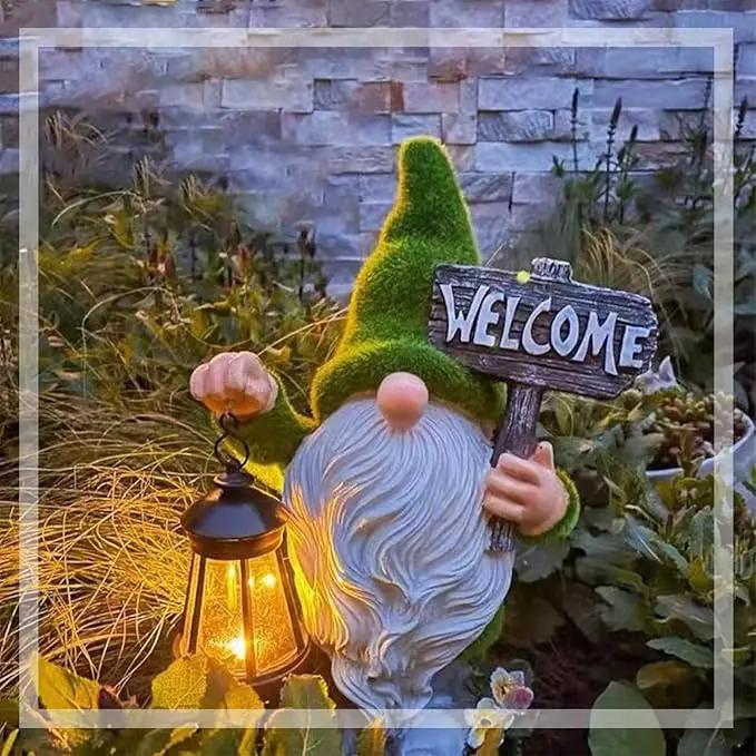Garden Gnome Statue Outdoor Decor Large Flocked Resin Gnome Figurine with Solar Light Holding Lantern Welcome Sign Garden Yard Decorations Dwarf Sculpture for Outside Patio Porch Lawn Decor. by GreenHaven Gardens
