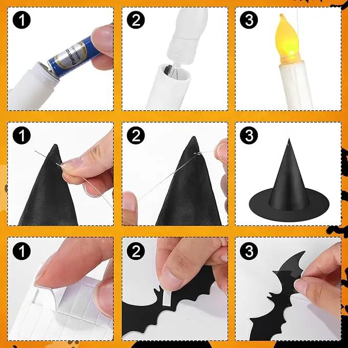 80 Pcs Halloween Hanging Witch Hats and Taper Floating Candles Set Includes 12 Witch Hats 12 LED Floating Candles Lights 56 3D Bats Wall Stickers for Halloween Decoration Front Porch Yard Decor by GreenHaven Gardens