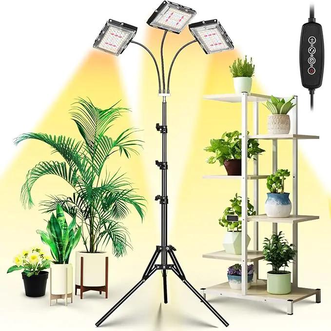 LBW Grow Light with Stand, Tri-Head LED Plant Light for Indoor Plants, Full Spectrum 150 LEDs, 3/6/12H Timer, 6 Dimmable Levels, 3 Switch Modes, Adjustable Tripod Stand 15-63 inches by GreenHaven Gardens