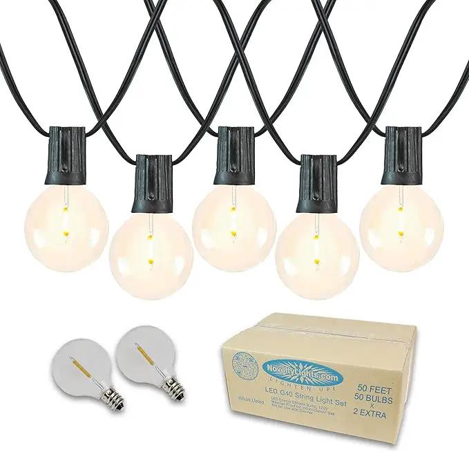 Novelty Lights 50 Feet G40 LED Patio String Lights with 50 Bulbs, Warm White, Weather Resistant and Shatterproof Replaceable Plastic Globe Bulbs, Black Wire by GreenHaven Gardens
