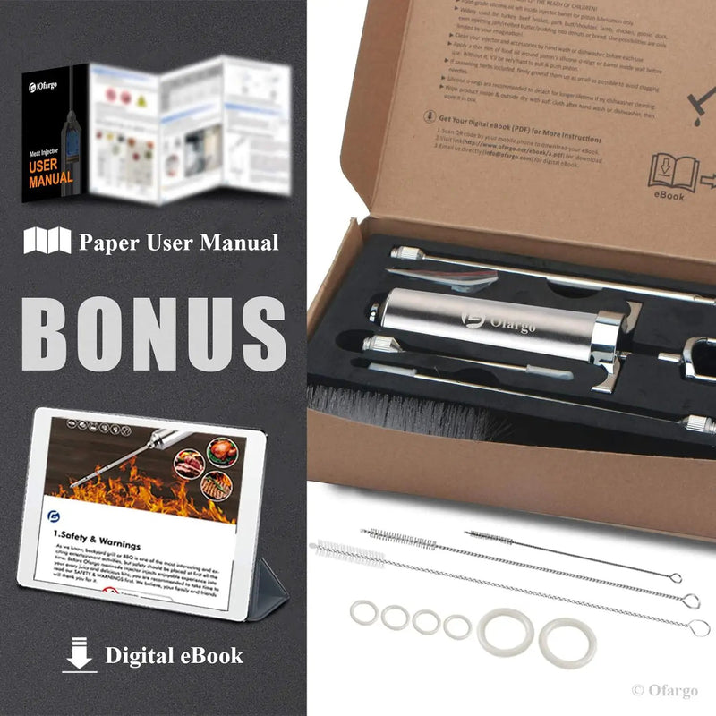 Stainless Steel Meat Injector Syringe Kit with 4 Marinade Needles for BBQ Grill Smoker, 2-oz Large Capacity, Both Paper User Manual and E-Book Recipe by GreenHaven Gardens