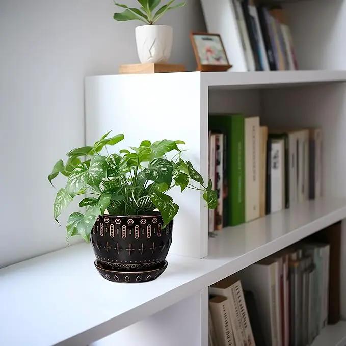 G EPGardening Ceramic Pot for Plants 5.5 Inch - Ceramic Plant Pot Indoor with Drainage Hole and Saucer, Round Boho Planter for Indoor Plants Outdoor, Housewarming Gifts, Garden Office Decor, Black by GreenHaven Gardens