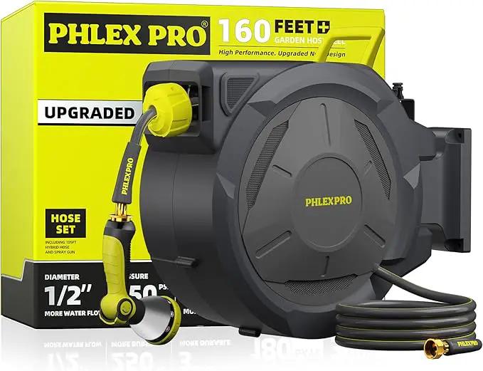Retractable Garden Hose Reel 160Ft Extra Long, PHLEX PRO Heavy Duty Automatic Water Hose Reel Wall Mounted with 10 Pattern Nozzle, Any Length Lock, Slow Return System, 180°Swivel Bracket by GreenHaven Gardens
