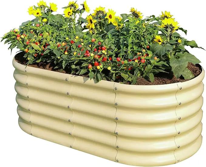 Land Guard 18“ Tall Outdoor Metal Raised Garden Bed, Oval Deep Root Planter Box for Vegetables, Flowers, Herbs, 89 Gallon Capacity - Cream Yellow by GreenHaven Gardens