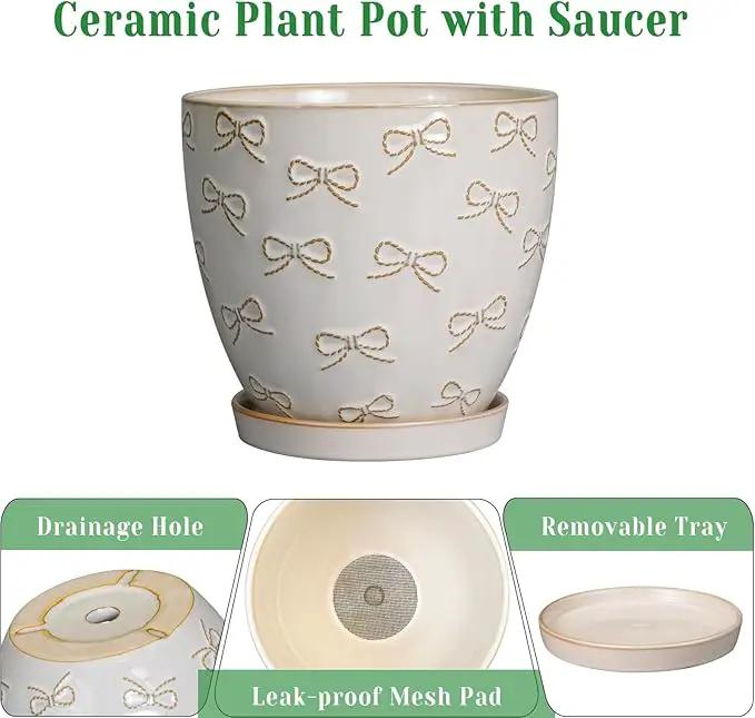 Ceramic Plant Pot 6.9 Inch - Ceramic Planter with Drainage Hole and Saucer Round Planter Flower Pot for Indoor Plants Outdoor Home Garden Office Decor White by GreenHaven Gardens