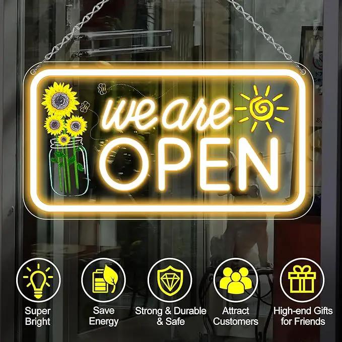 Neon We Are Open Signs for Business, 16.5x9'' Open Sign with Printed Flower and Sun, with ON/OFF Switch & Adapter, Warm White, Ideal for Window, Party, Wall, Bars, Coffee Shops, Salons, Clubs, Hotels by GreenHaven Gardens