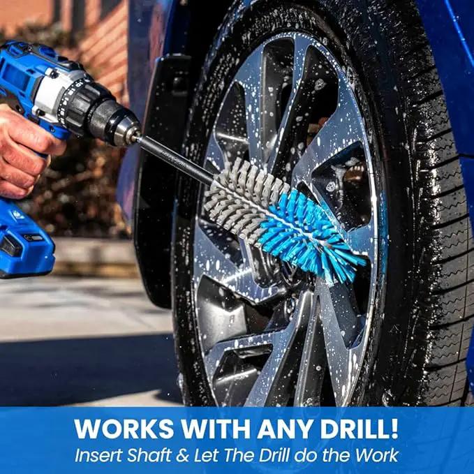 Long Reach Drill Brush Attachment, All Purpose for Car Tires, Wheels, Wheel Wells, Engine Bays, Exhaust Pipes, Running Boards, Hard to Reach Areas, with Heavy Duty Non-Scratch Nylon Bristles by GreenHaven Gardens