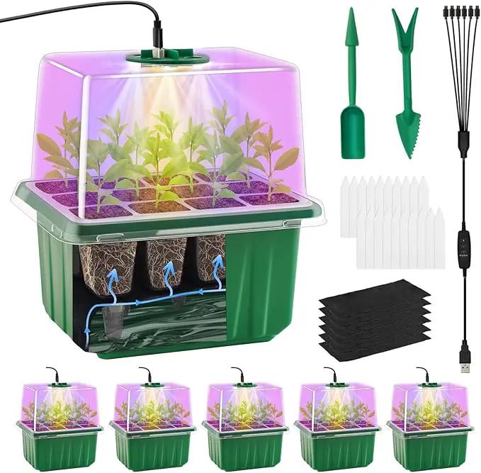 Self-Watering Seed Starter Tray with Timed Grow Light, 6 Packs Plant Starter Tray Seedling Starter Kit with Humidity Domes Base Indoor Mini Greenhouse for Gardening Seeds Growing Starting by GreenHaven Gardens
