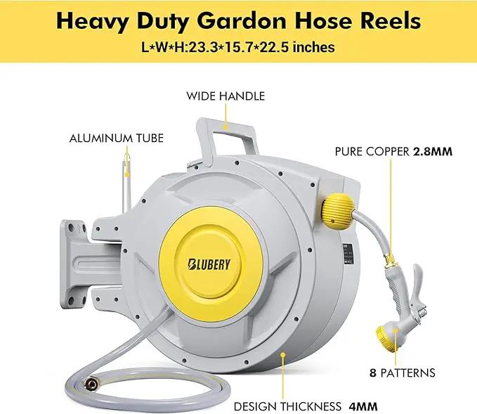 BLUBERY 130+6.7ft x 1/2" Retractable Garden Hose Reel, 40.8LB Super Heavy Duty, Any Length Lock, Slow Return System, Wide Handle, Wall Mounted and 180° Swivel Bracket, GHR02A by GreenHaven Gardens