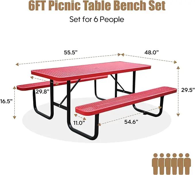 6FT Metal Picnic Tables for Outdoors, Commercial Rectangular Picnic Table and Bench Set for Outside, Patio, Garden, Backyard, Porch, Surface Mount, Red by GreenHaven Gardens