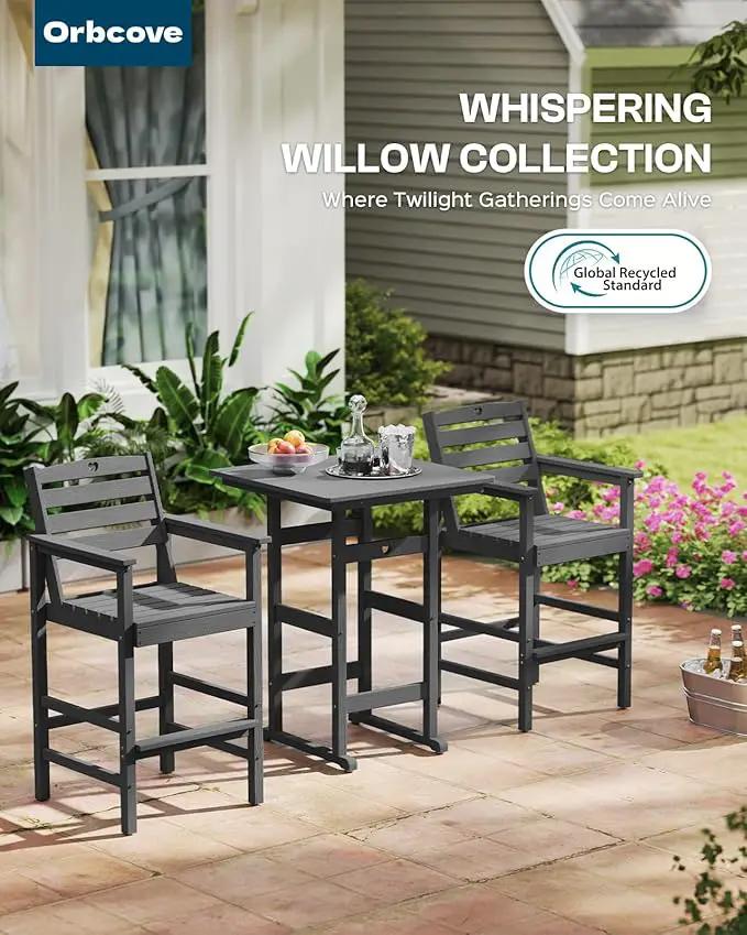 3-Piece HDPE Outdoor Bar, Outdoor Bar Stools and Outdoor Bar Table with Heart Cutout Design, All Weather Bistro Set Outdoor for Patio, Porch, Pool (Grey) by GreenHaven Gardens