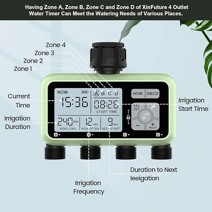 4 Outlet Sprinkler Timer, Programmable Garden Hose Timer with Rain Delay, Manual& Automatic Watering System, Waterproof Gardening Supplies Irrigation Controller for 4 Separate Water Zones by GreenHaven Gardens