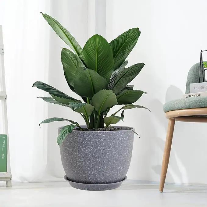 12/10/9 Large Modern Plant Pots, Plastic Planters with Drainage Holes and Saucers for Indoor Outdoor Plants Flowers, Grey Speckles by GreenHaven Gardens