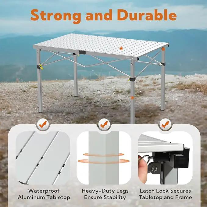 Large 46.4" Camping Table for 2-6 People - 220lbs Capacity Heavy Duty Foldable Outdoor Table with Aluminum Roll-Up Top & Carry Bag, Portable Picnic Desk for BBQ, Tailgating, Backyard (Silver) by GreenHaven Gardens