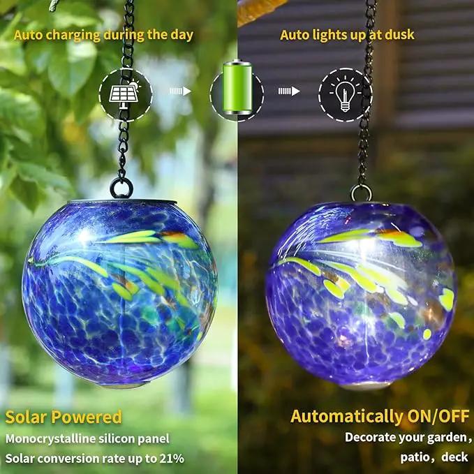 VCUTEKA Solar Hanging Lanterns Outdoor Decoration, Glass Solar Lights with Hook Up, Solar Garden Gazing Ball Light for Yard, Tree and Patio Decor, Blue by GreenHaven Gardens