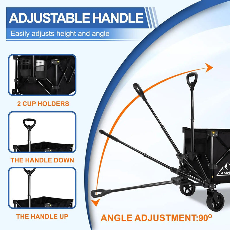 Collapsible Wagon Cart with Wheels Foldable, Folding Wagons Carts with Silent Universal Wheels, Large Grocery Cart On Wheels, Heavy Duty Utility Wagon for Shopping Beach Sports Fishing Camping, 150L