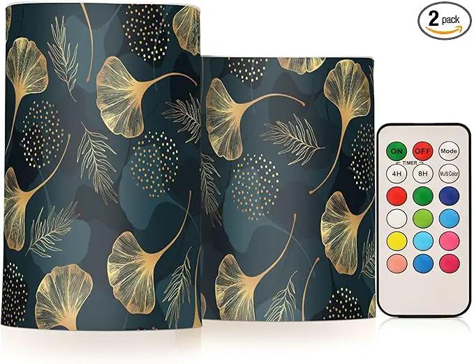 Flickering Flameless Candles, Golden Ginkgo Leaf LED Candles with Remote Timer, Set of 2 Battery Operated Candle for Valentine Wedding Birthday by GreenHaven Gardens