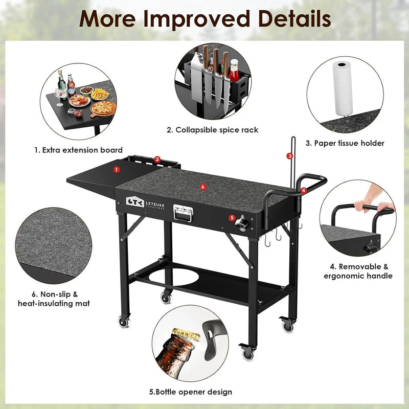 Leteuke Grill Cart for Blackstone Griddle, Portable Outdoor Grill Table, Foldable Cart Table with Wheels for Ninja, Griddle Stand Fit 17 Inch Or 22 Inch, BBQ Prep Tables with Seasoning Tray by GreenHaven Gardens