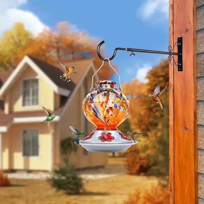 BOLITE Hummingbird Feeder, Hand Blown Glass Hummingbird Feeders for Outdoors Hanging, with Ant Moat and 5 Feeding Ports, 22 Ounces, Peony Flower Shape, Orange, Gifts for Women Men, Gifts for Mom Dad by GreenHaven Gardens