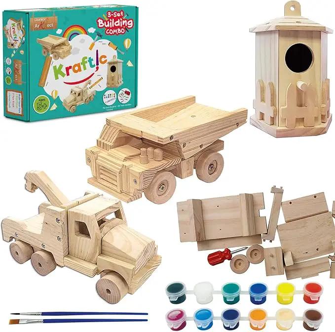 Kraftic Woodworking Building Kit for Kids and Adults, with 3 Educational DIY Carpentry Construction Wood Model Kit Toy Projects for Boys and Girls - Tow Truck, Birdhouse and Dump Truck by GreenHaven Gardens