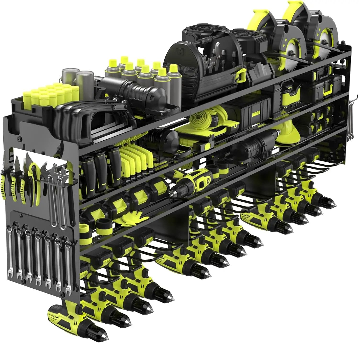 Power Tool Organizer Wall Mount with 12-Drill Holders-800Lbs Load Heavy Duty Metal 4-Layers Garage Storage and Organization Adjustable Battery Tools Rack with Side Panels Utility Racks Gifts for Men by GreenHaven Gardens