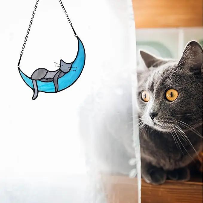 BOXCASA Sleeping Cat Stained Glass Windown Hanging,Grey Cat on Moon Beautiful Handcrafted Sun Catcher Gifts for Daughter,Mothers Day,Christmas and Cat Lover by GreenHaven Gardens
