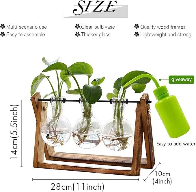 XXXFLOWER Plant Terrarium with Wooden Stand, Air Planter Bulb Glass Vase Metal Swivel Holder Retro Tabletop for Hydroponics Home Garden Office Decoration - 3 Bulb Vase by GreenHaven Gardens