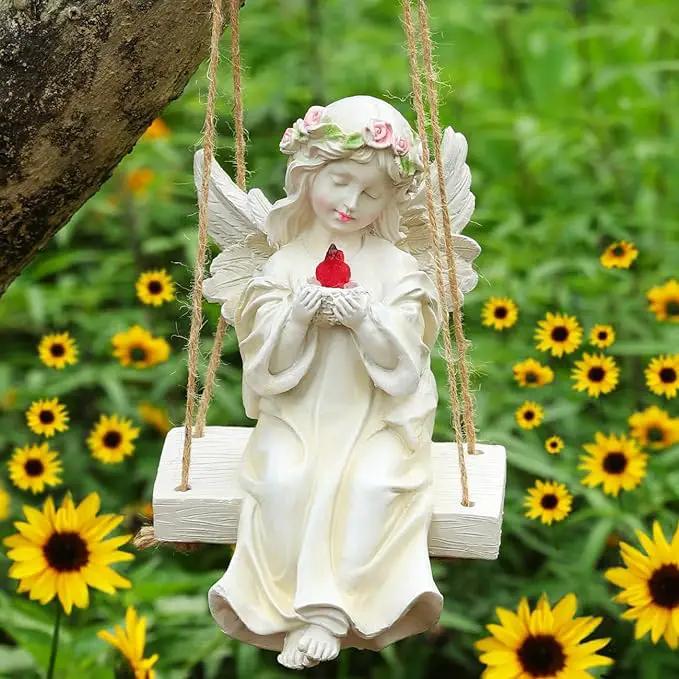 Angel Garden Statue,Fairy Solar Garden Decor with Warm Light,Waterproof Angel Statue with Swing & Holding Bird,Outdoor Garden Decor for Lawn Yard Patio Windowsill Garden Gifts, Apricot by GreenHaven Gardens