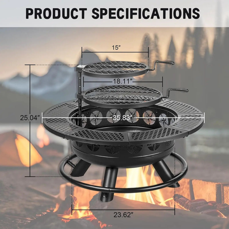 36 Inch Fire Pit with 2 Cooking Grills,Outdoor Wood Burning BBQ Firepit with Lid, 3-in-1 Outdoor Fire Pit for Backyard Deck Bonfire Patio Picnic(Black) by GreenHaven Gardens
