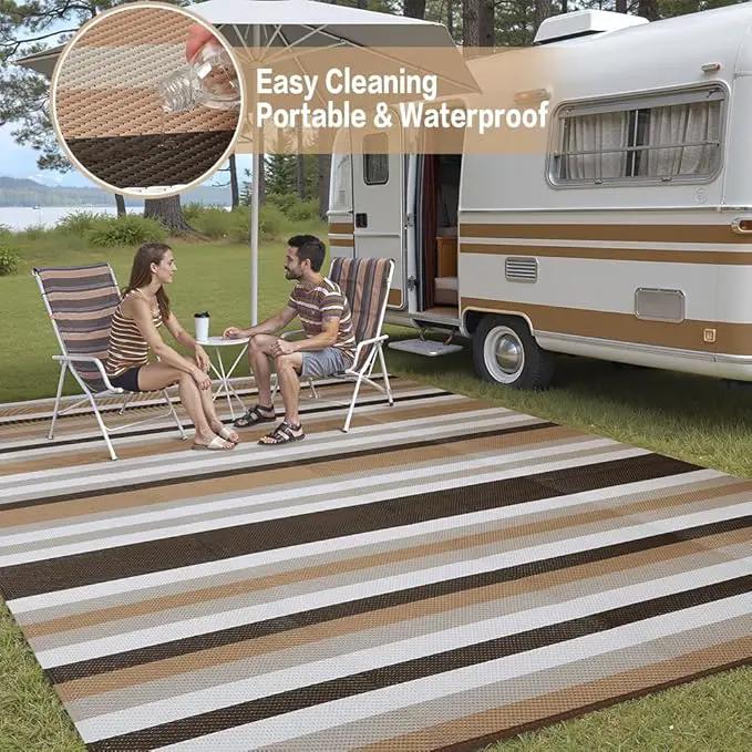 Outdoor Waterproof Rug 8'x10' Plastic Straw Rugs Washable Reversible Floor Mat Brown Stripe Carpet for Camping RV Deck Entryance Porch Picnic Balcony Beach Backyard by GreenHaven Gardens