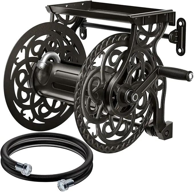 Metal Decorative Garden Hose Reel, Heavy Duty Hose Holder for Outside, Aluminum Frame, No-Leak Aluminum Water System, Easy Assmbly, Wall Mount, Holds 135 ft x 5/8" Hose Storage, Dark Bronze by GreenHaven Gardens