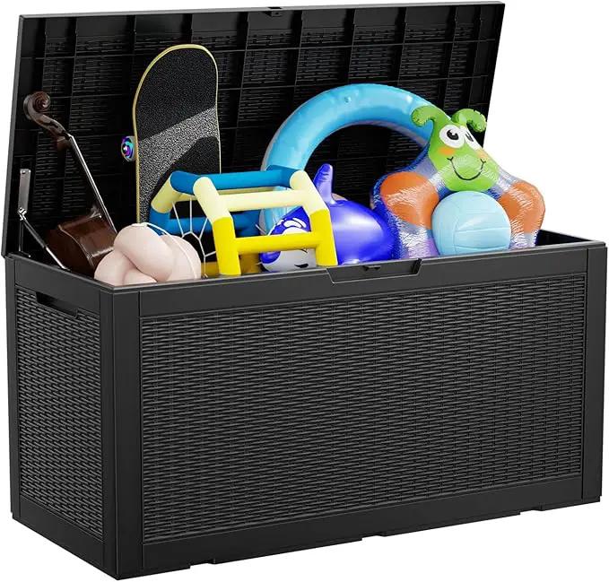 100 Gallon Deck Box,Resin Outdoor Storage Box with Lockable for Patio Furniture, Pool Accessories, Garden Tools Waterproof Outside Storage Box, Black by GreenHaven Gardens