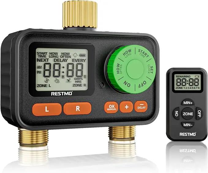 RESTMO RF Remote Controlled Sprinkler Timer with Brass Inlet & Outlet, Water Timer for Garden Hose, Automatic/Manual/Rain Delay for Outdoor Faucet, Drip Irrigation and Lawn Watering, 2 Outlet by GreenHaven Gardens