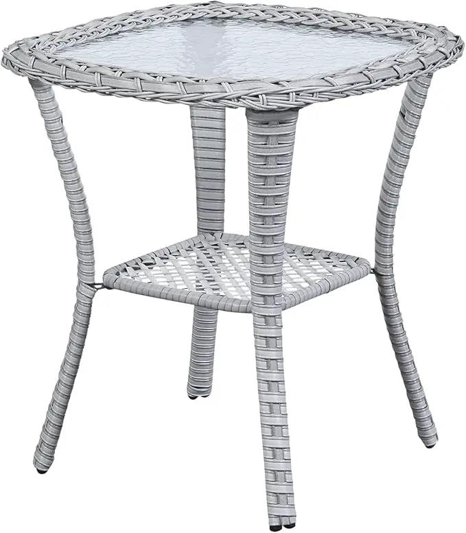 Patio Tables Wicker Side Table - Rattan Coffee Table with Glass Top End Tables for Outdoor Outside Patio Porch Square Light Grey by GreenHaven Gardens