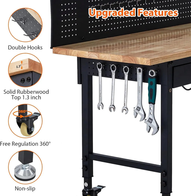 60'' Adjustable Workbench, Heavy Duty Workbench with Drawer and Backplate, 2000 LBS Capacity Work Table with Power Outlet and Lockable Wheels, Suitable for Office, Garage, Workshop by GreenHaven Gardens