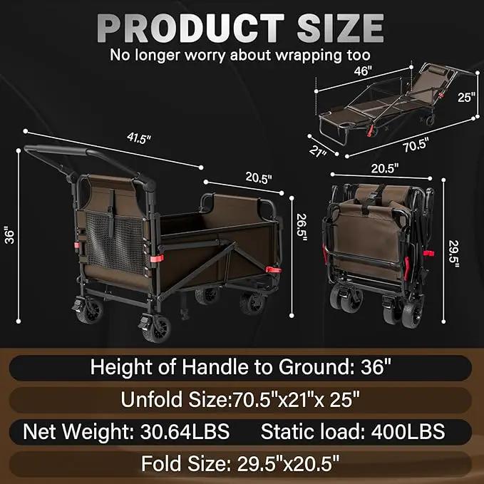 LEVELEVE Heavy Duty Folding Wagon - 2-in-1 Collapsible Cart, 400lb Capacity, All-Terrain Wheels w/Brakes & Side Pockets (Brown) by GreenHaven Gardens