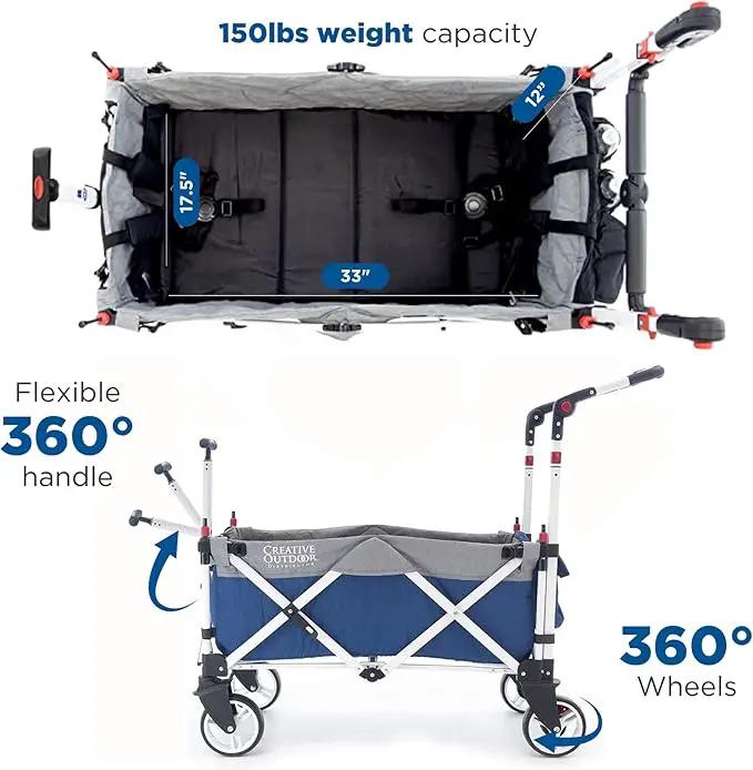 Creative Outdoor Push Pull Stroller Wagon for Kids,150lbs Weight Capacity, Collapsible Folding Cart with Canopy, Silver Series Plus, Beach, Park, Garden & Tailgate (Blue/Gray) by GreenHaven Gardens