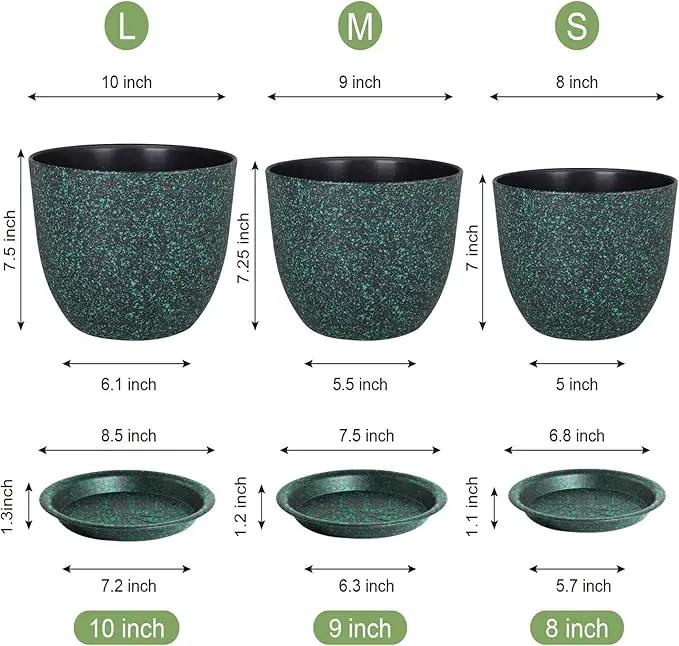 Plant Pots 10/9/8 inch, Set of 3 Modern Decorative Plastic Planters with Drainage Holes and Saucers for Garden House Plants, Flower Pots for Indoor Outdoor Plants, Black with Green Speckles by GreenHaven Gardens
