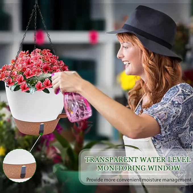10 Inch Hanging Planters for Indoor Plants, 2 Pack Self Watering Hanging Baskets Flower Pots with Drainage Hole, Visual Reservoir & 2 Kinds of Plant Hanger for Outdoor Garden Home Decor by GreenHaven Gardens