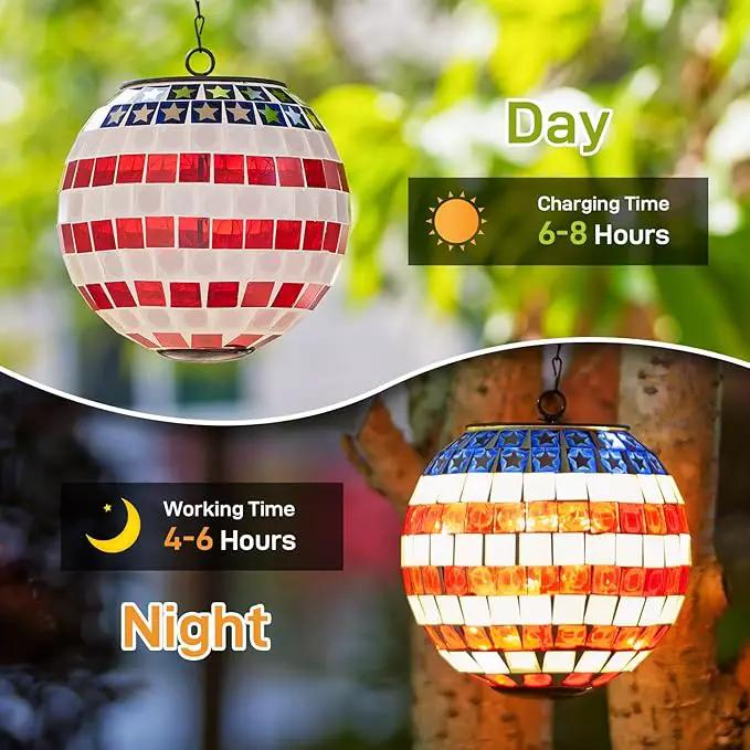 American Flag Solar Hanging Lanterns Outdoor Waterproof Glass Mosaic Gazing Ball Globe Hanging Lantern Lights for Patio Garden Yard Home Decor (Red) by GreenHaven Gardens