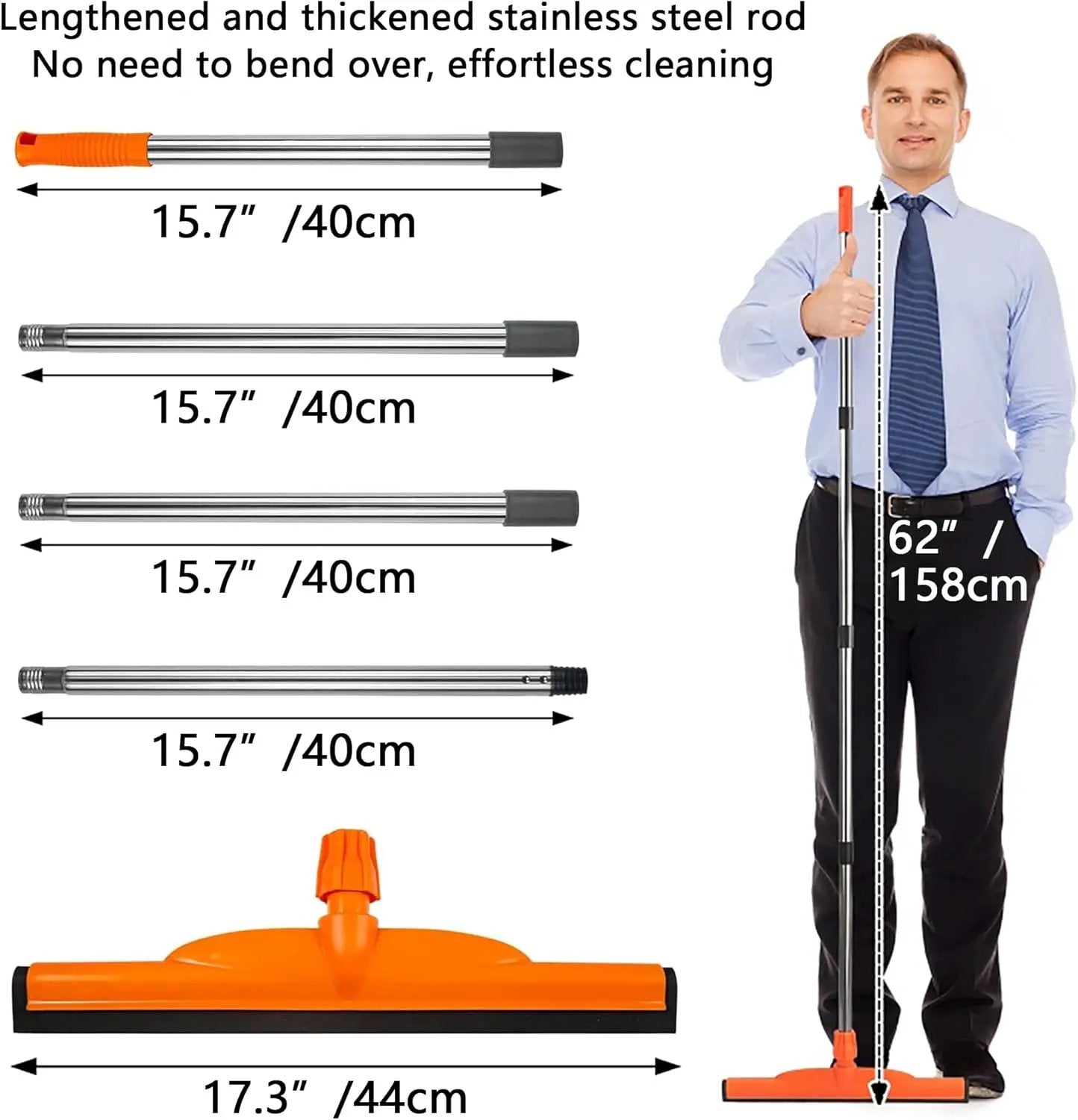 Floor Squeegee Scrubber, 17'' Heavy Duty Household Broom EVA Foam Blade Rubber Wiper Squeegee for Concrete Floor Garage Shower Bathroom Tile Scrubber 60'' Long Handle Multifunction Magic Broom(Orange) by GreenHaven Gardens