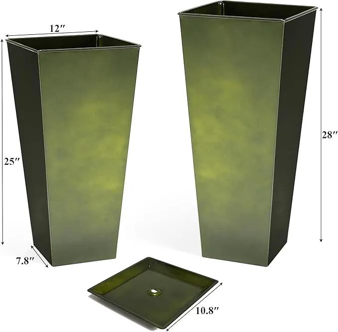 WORTH Garden Large Metal Glazed Planter Set of 2 (25" + 28"), Luxurious Glossy Finish Green Tall Square Tapered Steel Plant Pot, Decor Flower Pot Indoor & Outdoor, Drainage Hole & Dual-Purpose Saucer by GreenHaven Gardens