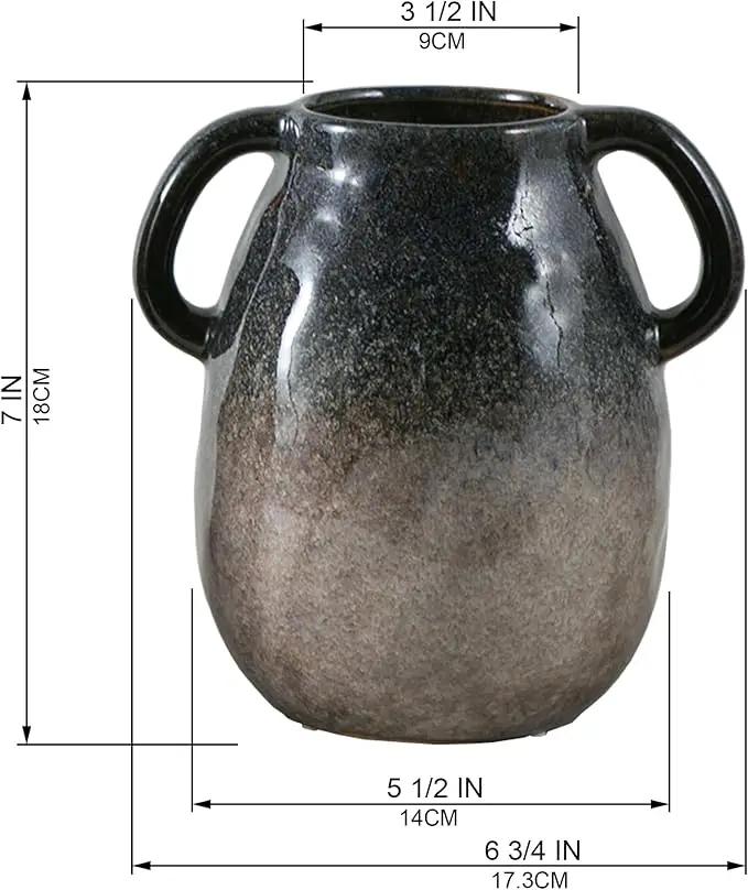Blue Gradient Ceramic Vase with 2 Handles, Modern Farmhouse Decor, Rustic Terracotta Pottery, Decorative Clay Flower Vase, Centerpiece for Dining Table - 7 Inch by GreenHaven Gardens