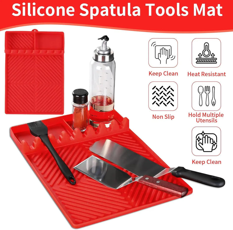 Griddle Mat Barbeque Grill Accessories Tools for Blackstone, Side Shelf Mat Grill Pad for Outdoor Grill Kitchen Counter Spatula Silicone Mat with Drip Pad for Kitchen, Cooking, Countertop (Red) by GreenHaven Gardens