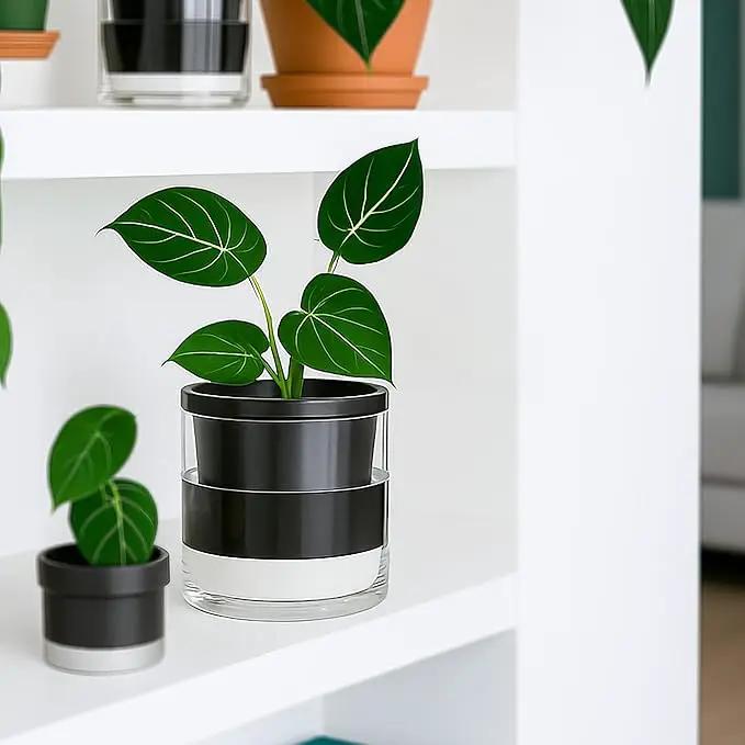 D'vine Dev 6 Inch Design Self Watering Planter for Indoor Plants, Black Terracotta Pot with Cylinder Glass Cup, Set of 2, 37-Y-B-3 by GreenHaven Gardens
